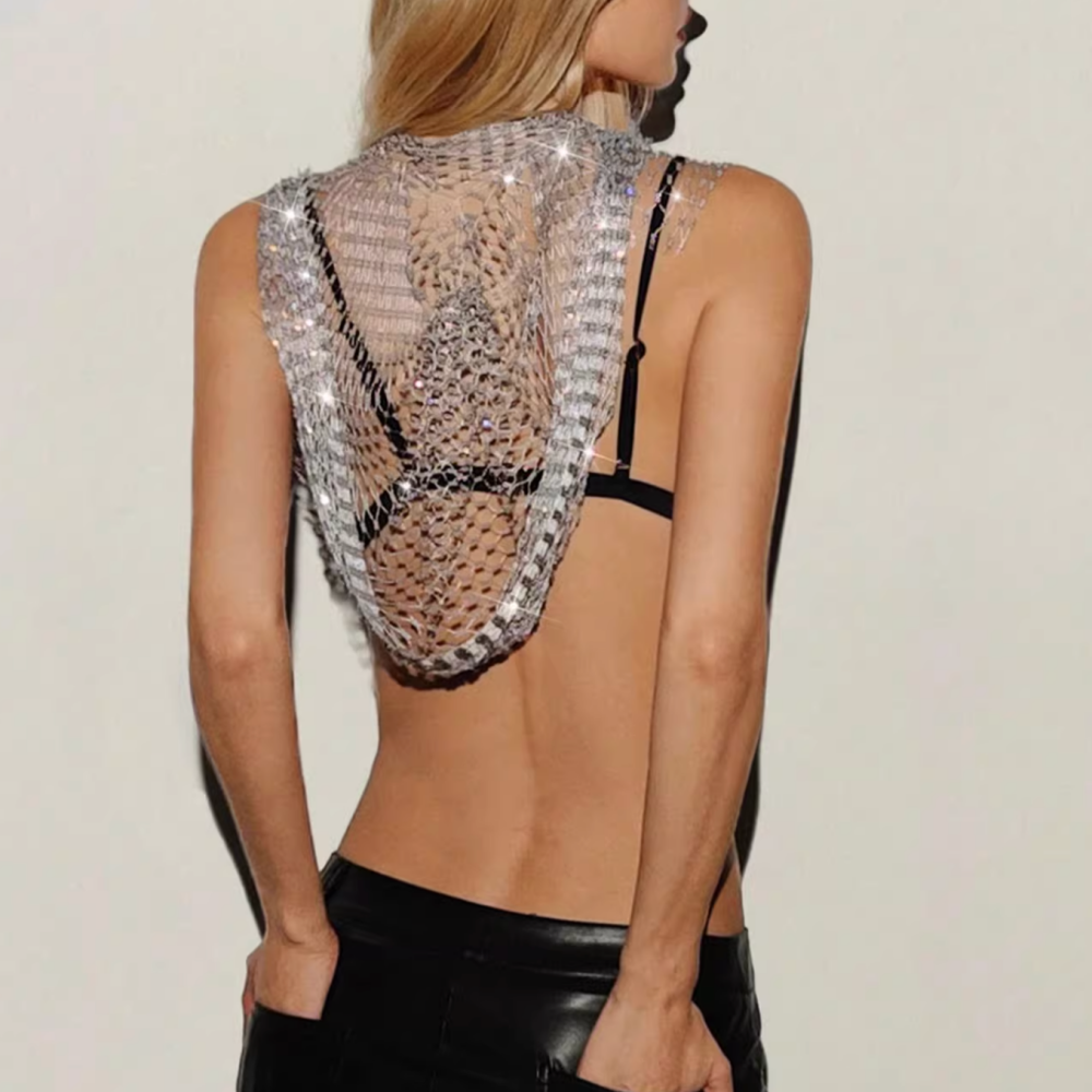 OUTIL Fishnet Rhinestone Hooded Top