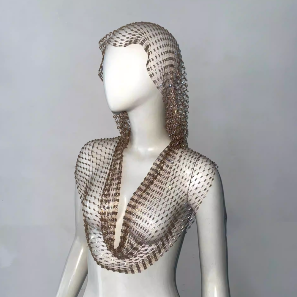 OUTIL Fishnet Rhinestone Hooded Top
