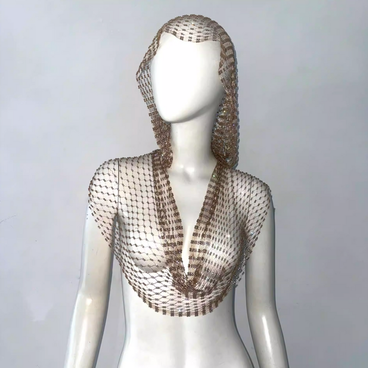 OUTIL Fishnet Rhinestone Hooded Top