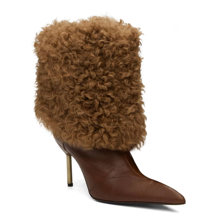 RONGM Fluffy Leather Ankle Boots