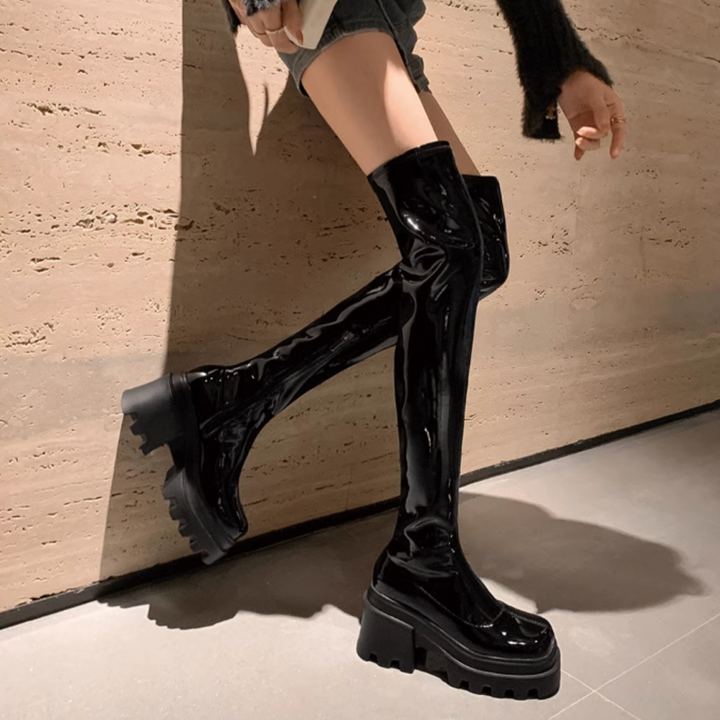 GXQPX Block Heel Platform Over The Knee Boots