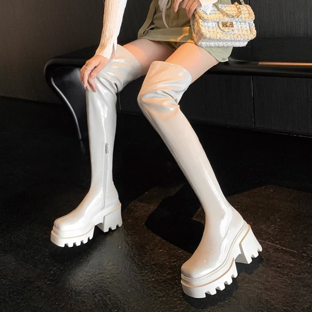 GXQPX Block Heel Platform Over The Knee Boots