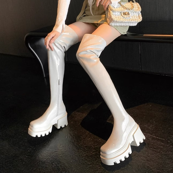 GXQPX Block Heel Platform Over The Knee Boots
