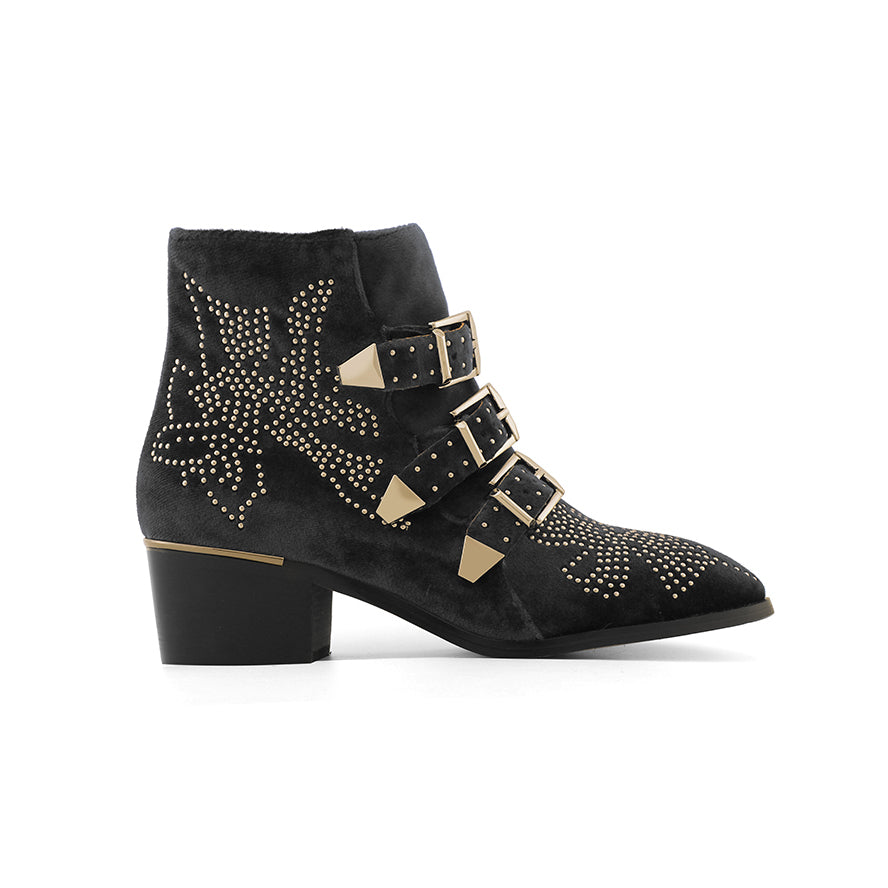 CARMEN Chloe Gold Studded Velvet Ankle Boots