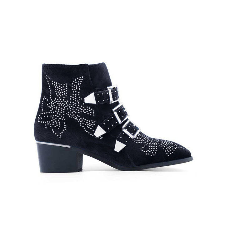 CARMEN Chloe Silver Studded Velvet Ankle Boots