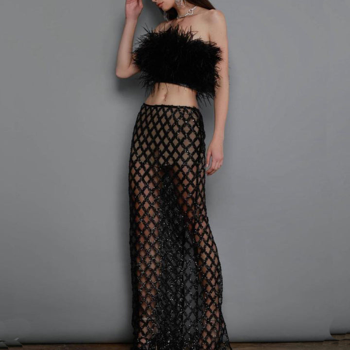 CERUO Fur Tube Top And Sequins Midi Skirt