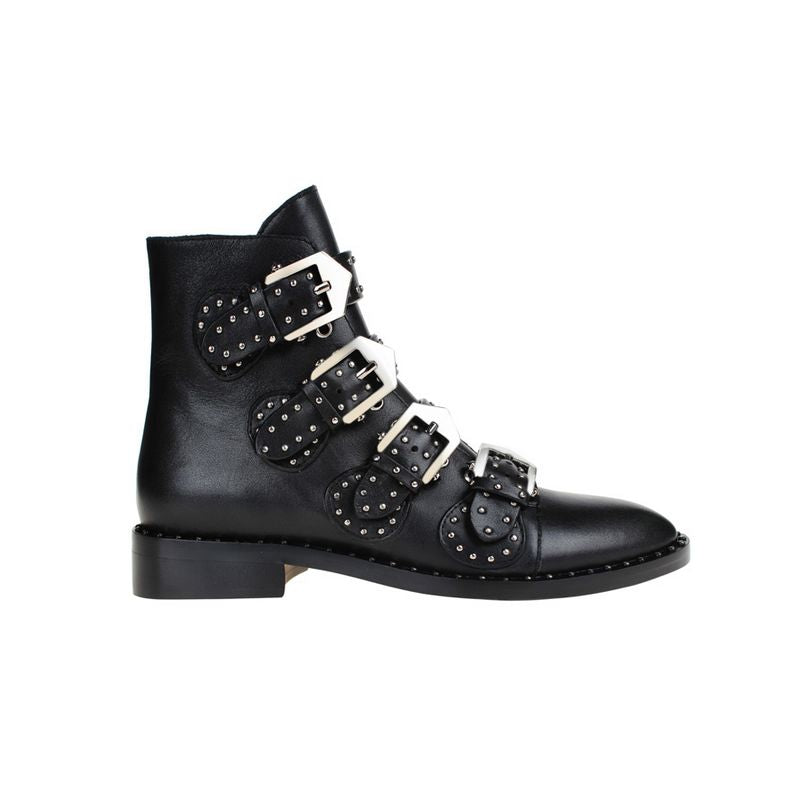 Black Exclusive - LEWIS Studded Buckled Biker Ankle Boots | i The Label ...