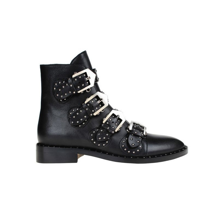 Exclusive - LEWIS Studded Buckled Biker Ankle Boots - ithelabel.com