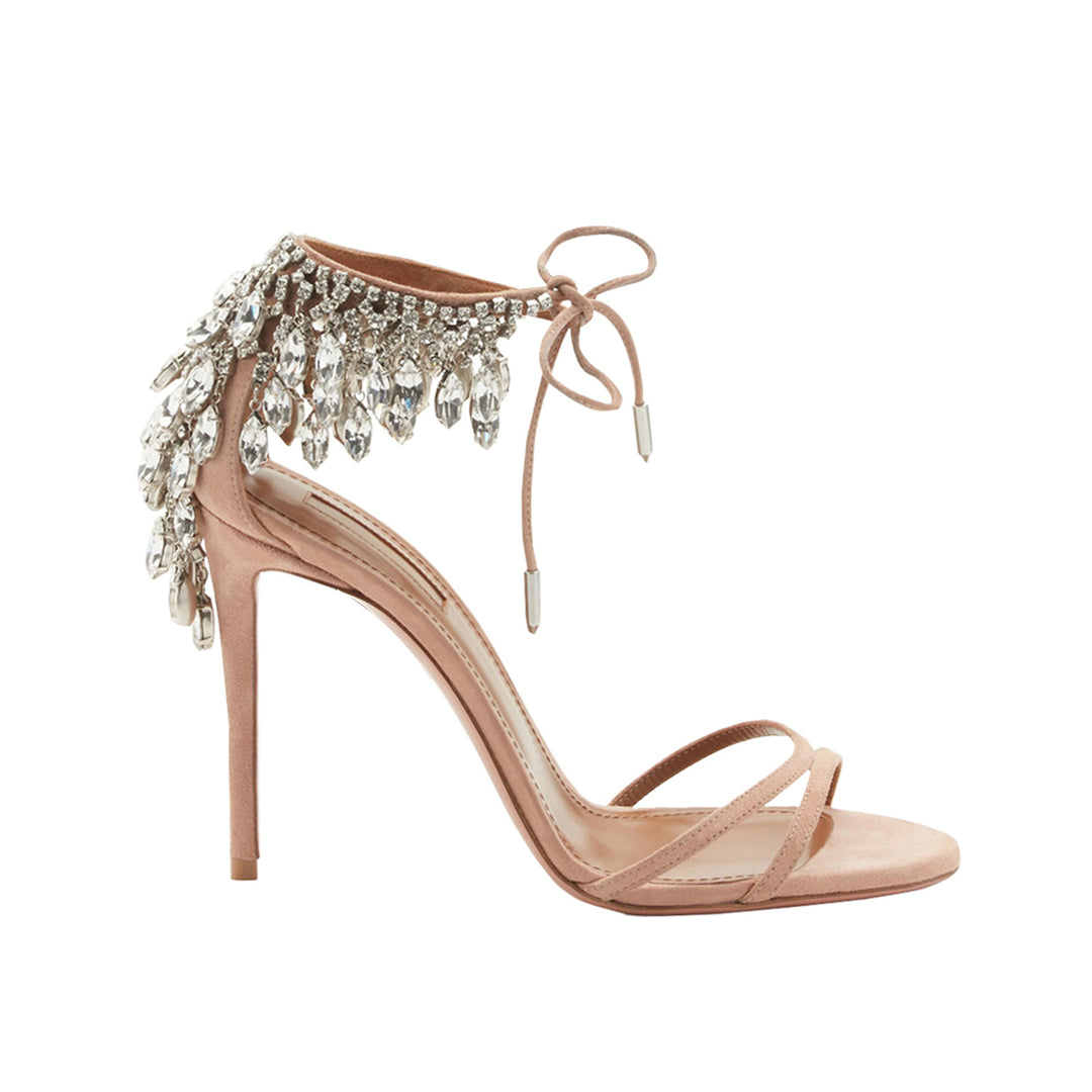 HAKIA Diamante Lace Up Suede Mid Heel Sandals - ithelabel.com