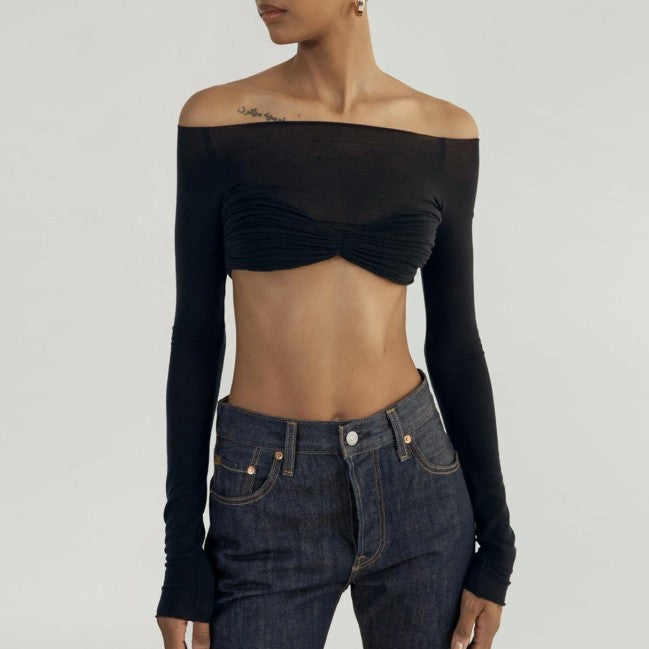 KECUA Off-Shoulder See-Through Cropped Top