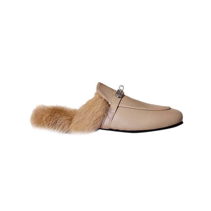 KERIC Buckled Leather And Fur Slides Slippers