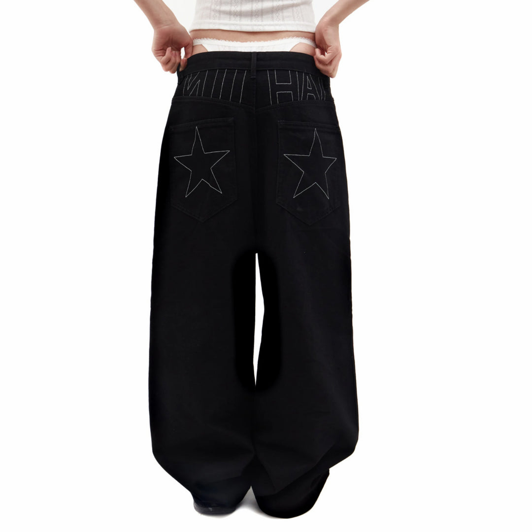 KIOME Star Detailed Wide Leg Denim Jeans