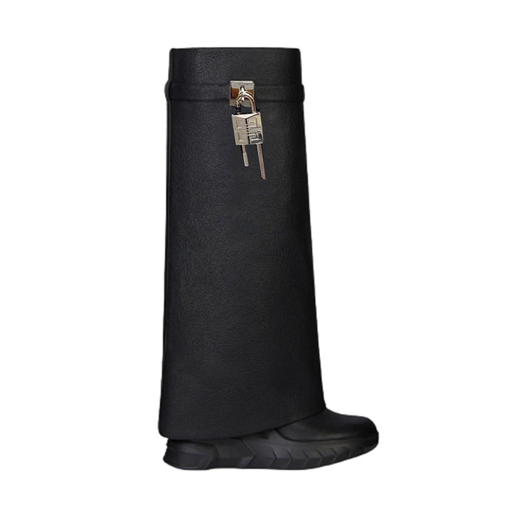 QAMRA Lock Detailed Wedged Heel Leather Knee High Boots