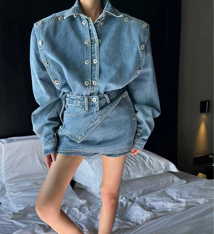 KUSOA Long Sleeves Denim Shirt And Mini Skirt Set
