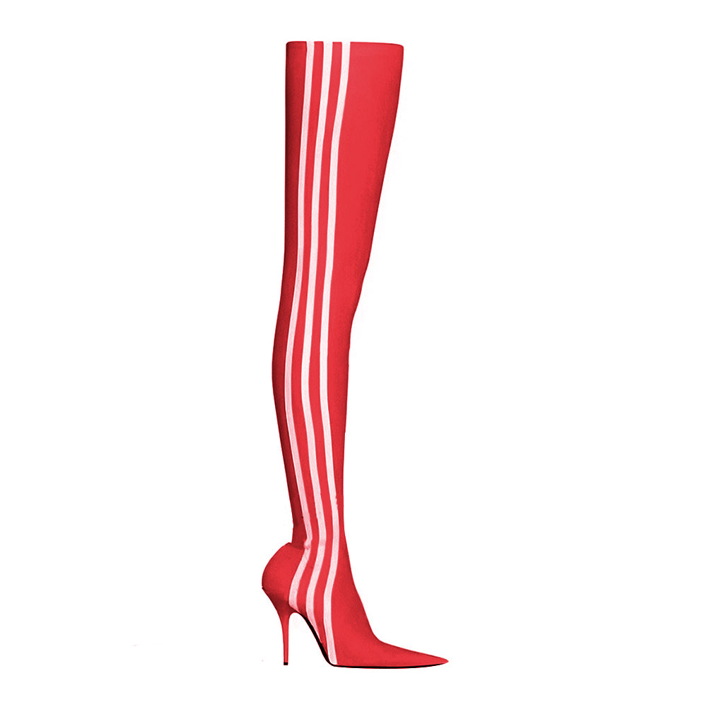 Red MAWEL Striped High Heel Over The Knee Boots | i The Label – I The Label