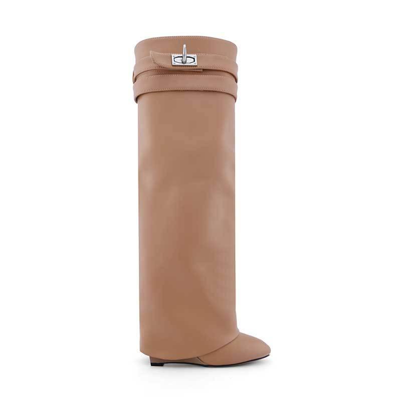 QAMRA Leather Wedged Heel Knee High Boots - ithelabel.com