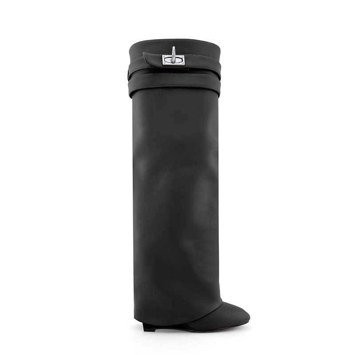 QAMRA Leather Wedged Heel Knee High Boots - ithelabel.com