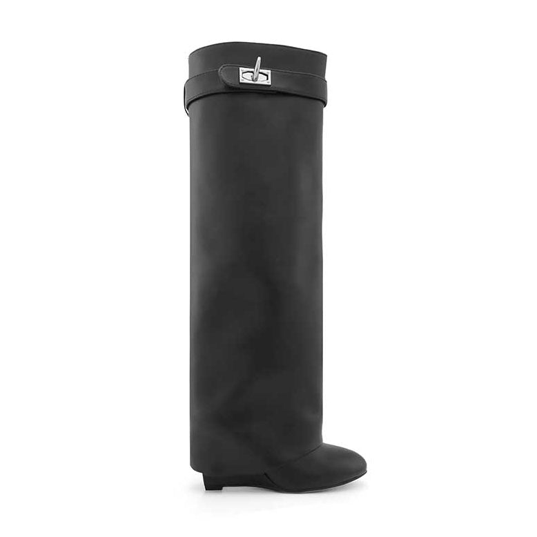 QAMRA Leather Wedged Heel Knee High Boots - ithelabel.com