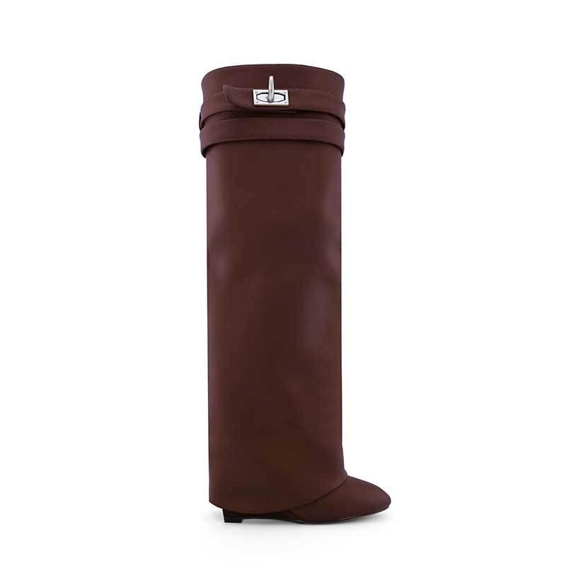 QAMRA Leather Wedged Heel Knee High Boots - ithelabel.com