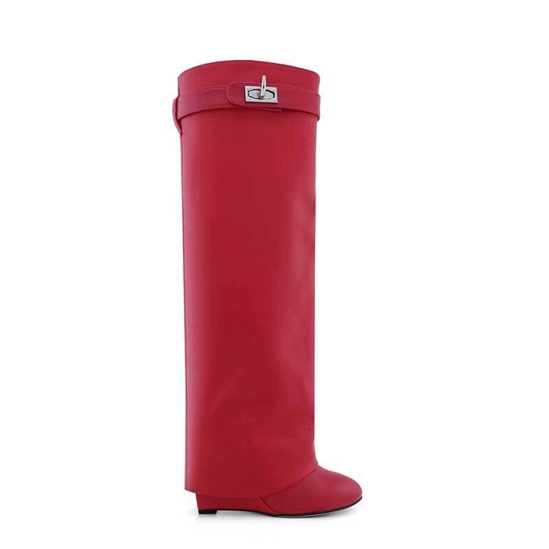 QAMRA Leather Wedged Heel Knee High Boots - ithelabel.com