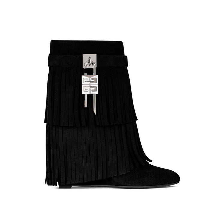 QAMRA Lock Detailed Fringed Suede Wedged Heel Ankle Boots