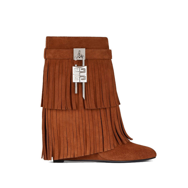 QAMRA Lock Detailed Fringed Suede Wedged Heel Ankle Boots