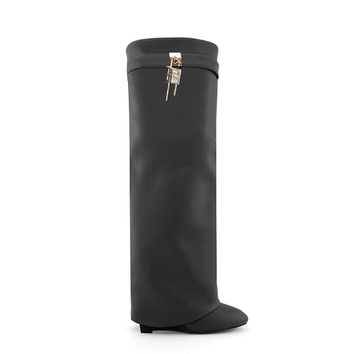 QAMRA Lock Detailed Leather Wedged Heel Knee High Boots