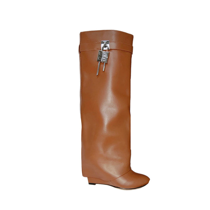 QAMRA Lock Detailed Leather Wedged Heel Knee High Boots