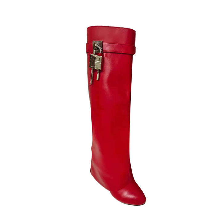 QAMRA Lock Detailed Leather Wedged Heel Knee High Boots