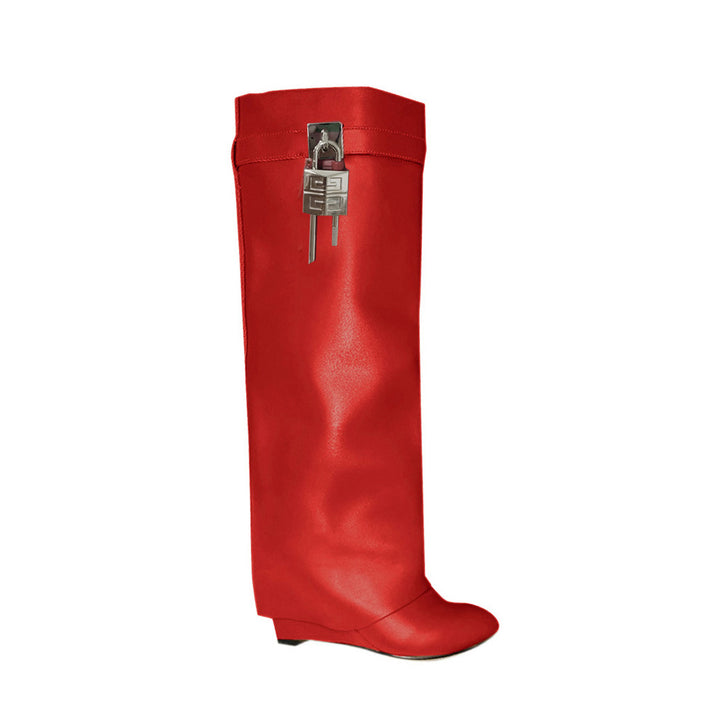 QAMRA Lock Detailed Leather Wedged Heel Knee High Boots