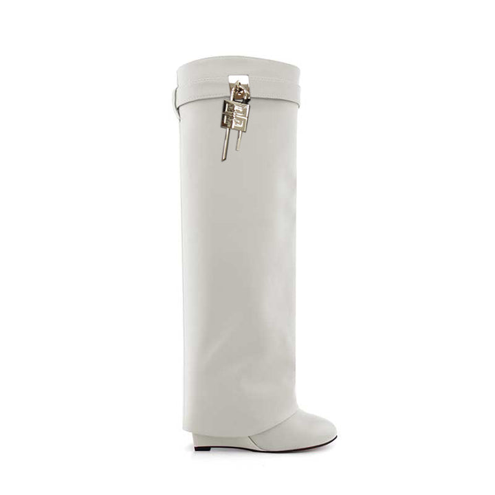 QAMRA Lock Detailed Leather Wedged Heel Knee High Boots