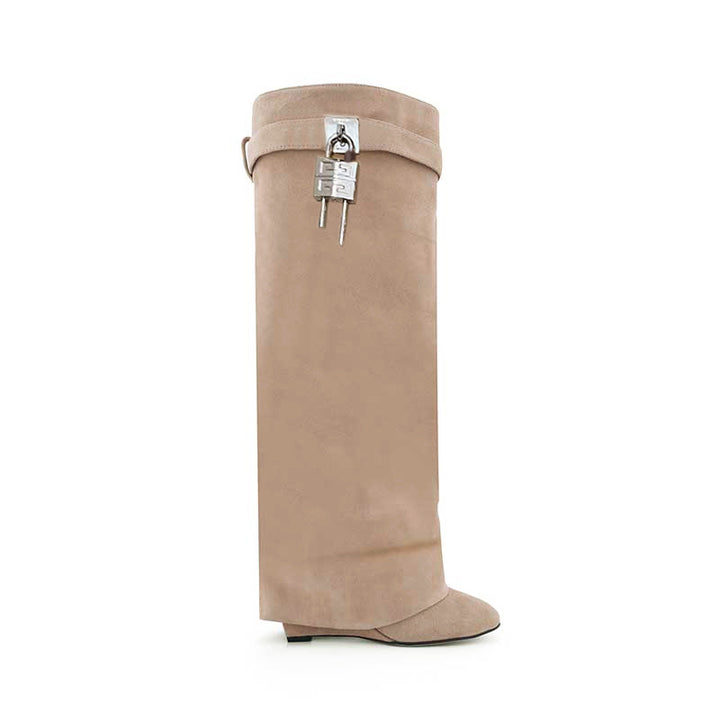 QAMRA Lock Detailed Suede Wedged Heel Knee High Boots