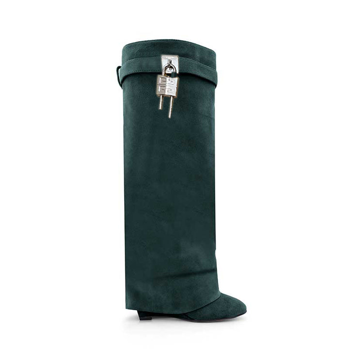 QAMRA Lock Detailed Suede Wedged Heel Knee High Boots