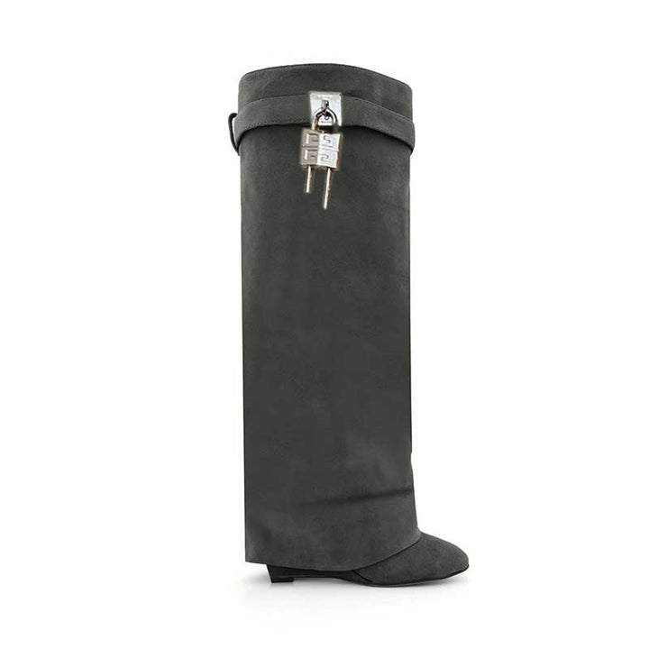 QAMRA Lock Detailed Suede Wedged Heel Knee High Boots