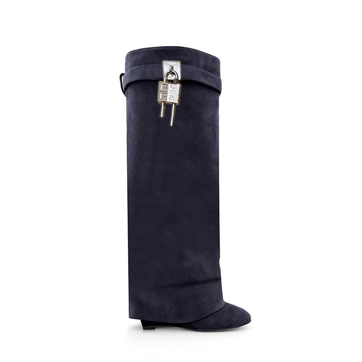 QAMRA Lock Detailed Suede Wedged Heel Knee High Boots