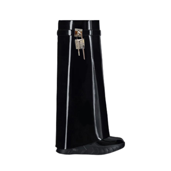 QAMRA Lock Detailed Wedged Heel Patent Leather Knee High Boots