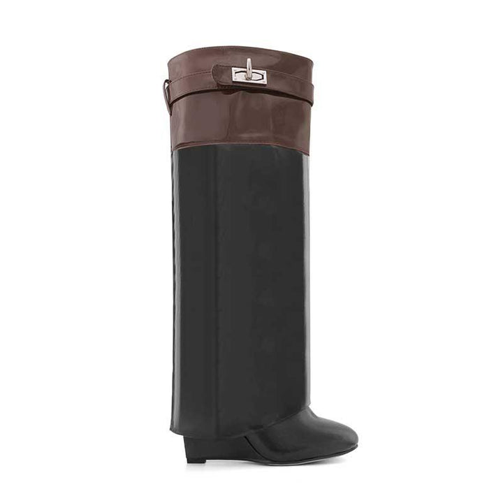 QAMRA Patent Leather Wedged Heel Knee High Boots - ithelabel.com