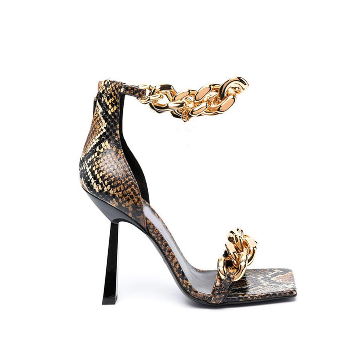RAGIE Printed Ankle Chain Leather High Heel Sandals