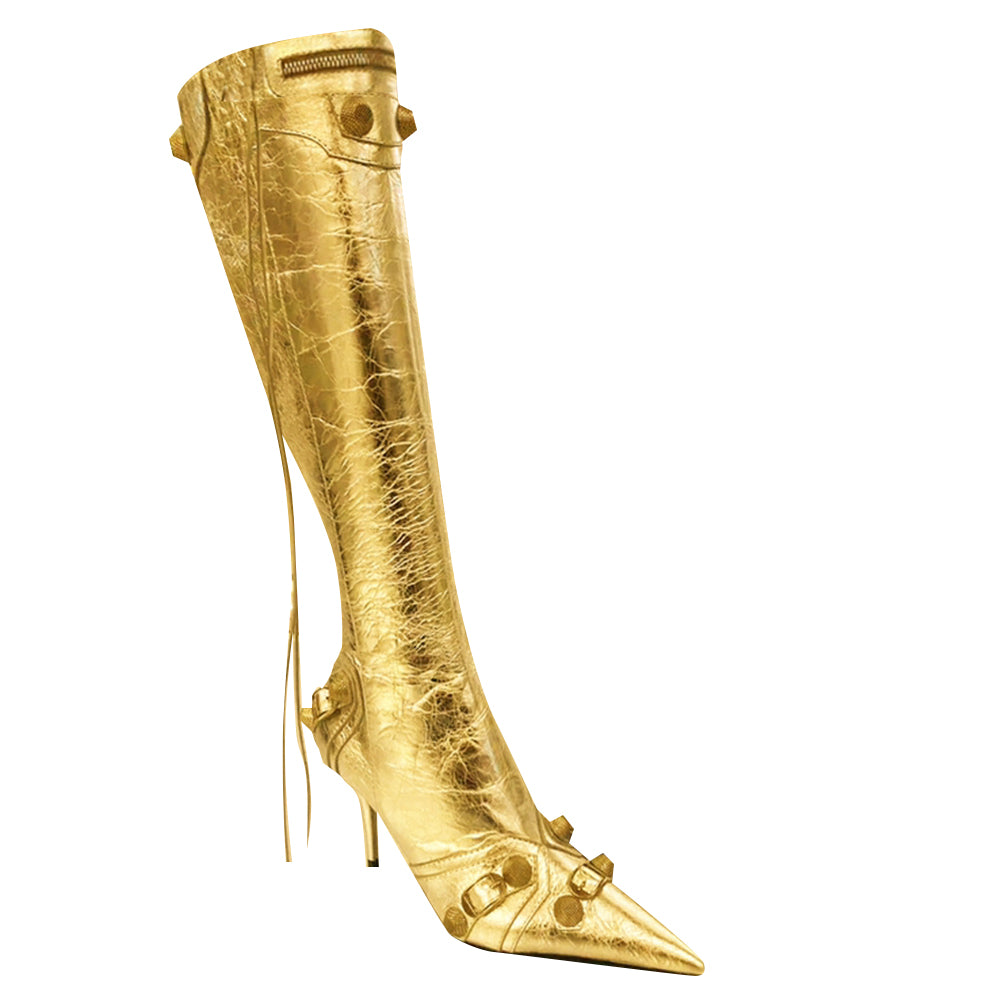 Gold RETHA Studded And Buckled Leather Knee High Boots | i The Label ...