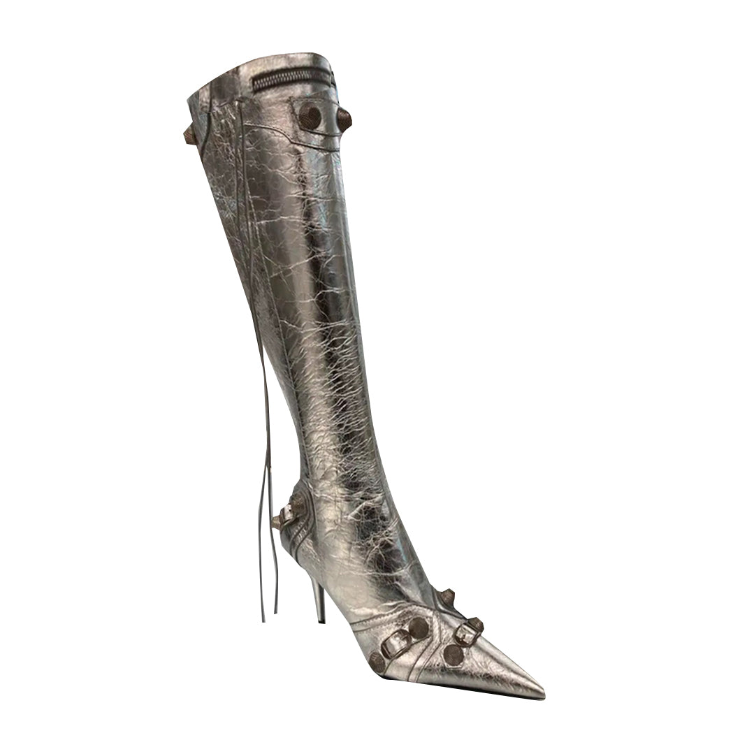 RETHA Studded And Buckled Leather Knee High Boots