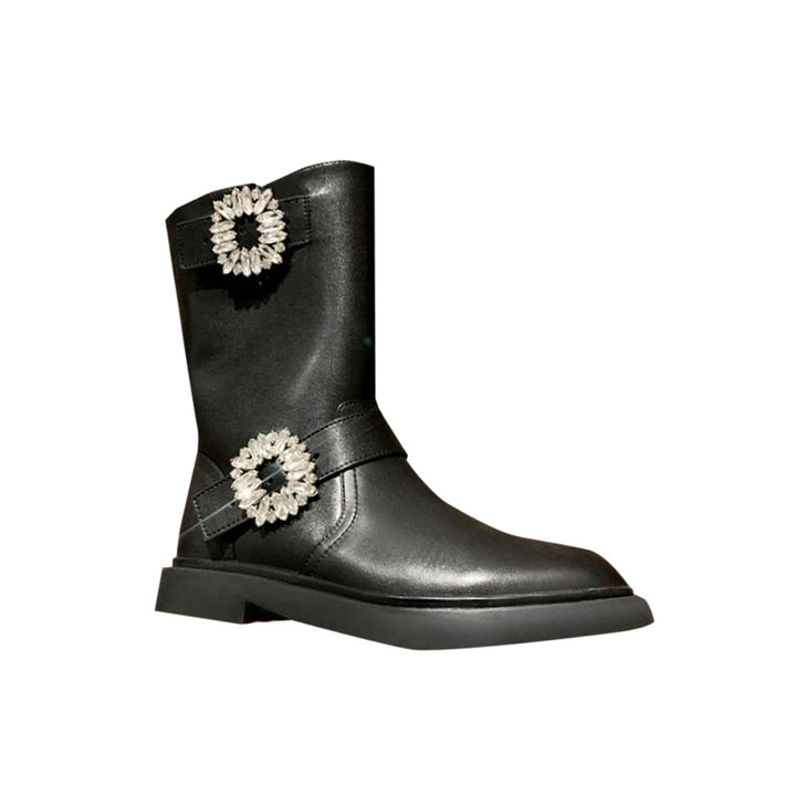 RIAME Diamante Buckled Leather Ankle Boots