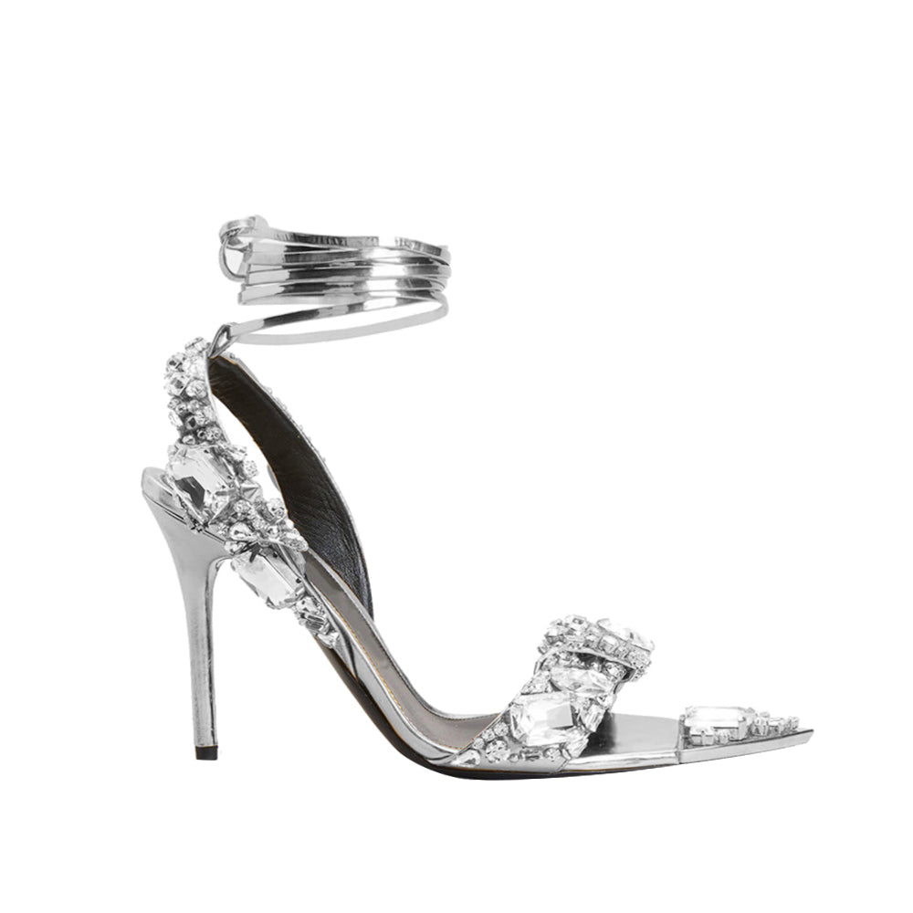 SUEPA Diamante Lace Up Mid Heel Sandals - 7cm