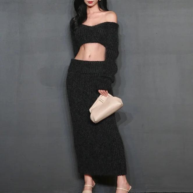 SUONA Off-Shoulder Cropped Knitwear Sweater And Knitwear Midi Skirt