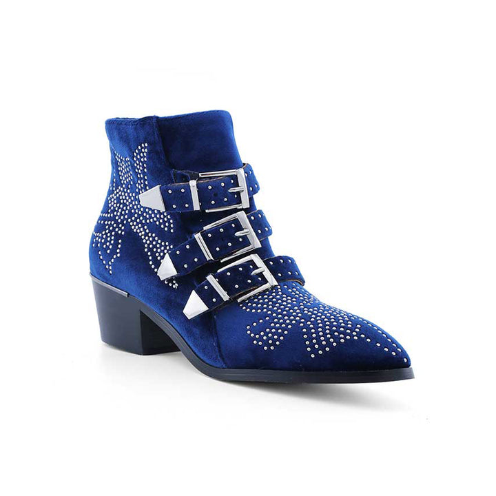 CARMEN Chloe Silver Studded Velvet Ankle Boots