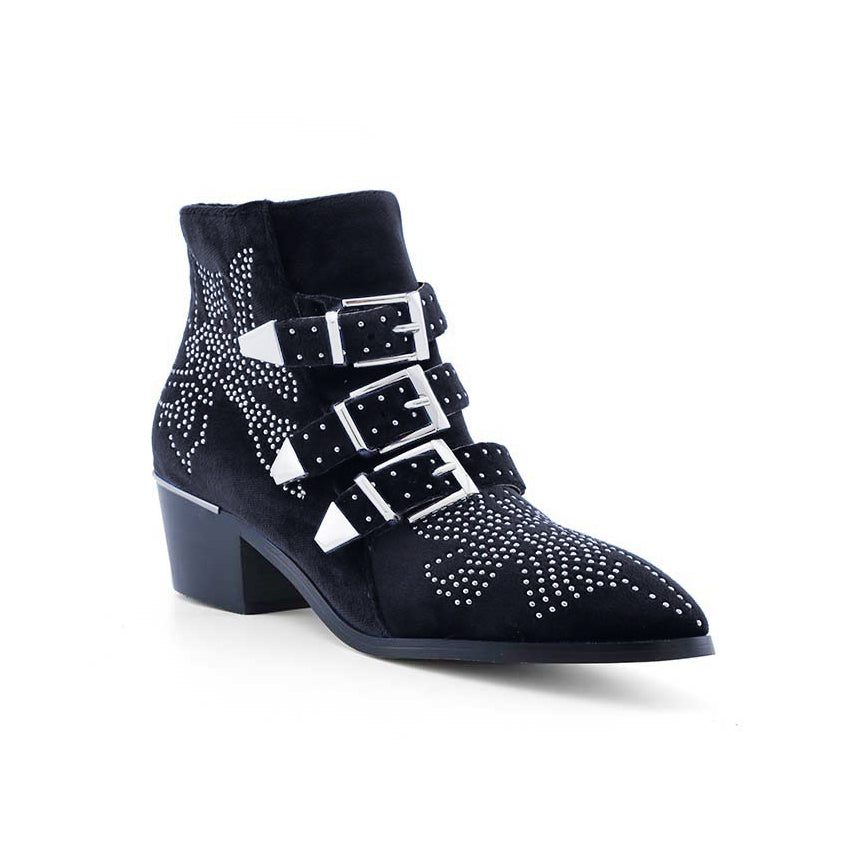 CARMEN Chloe Silver Studded Velvet Ankle Boots