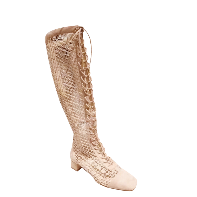 CHOLE Lace Up Fishnet Suede Knee High Summer Boots - ithelabel.com