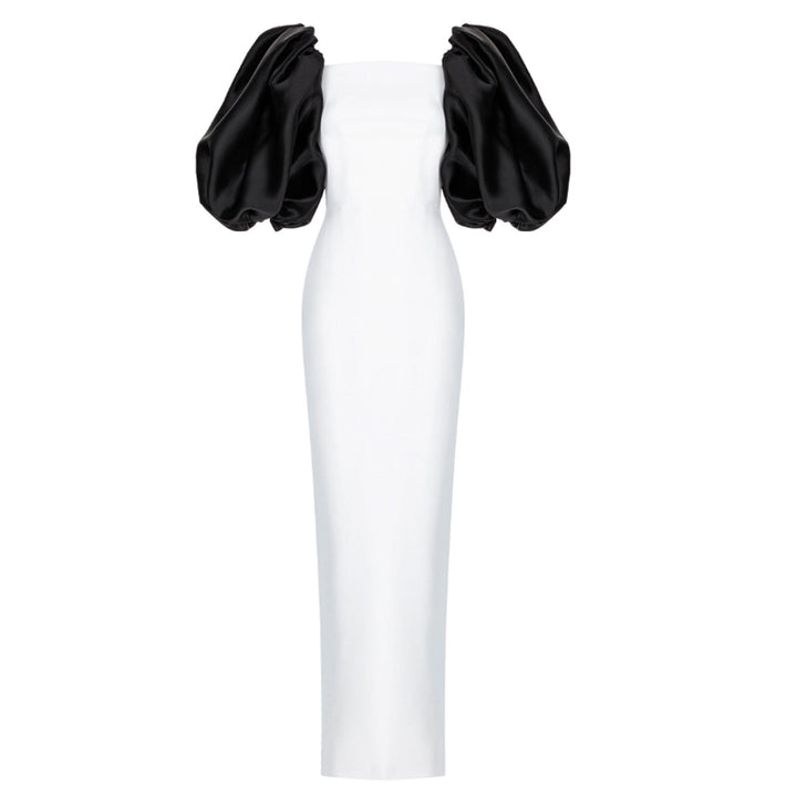Black White COIME Puff Sleeves Bi-Color Maxi Evening Dress Gown | i The ...
