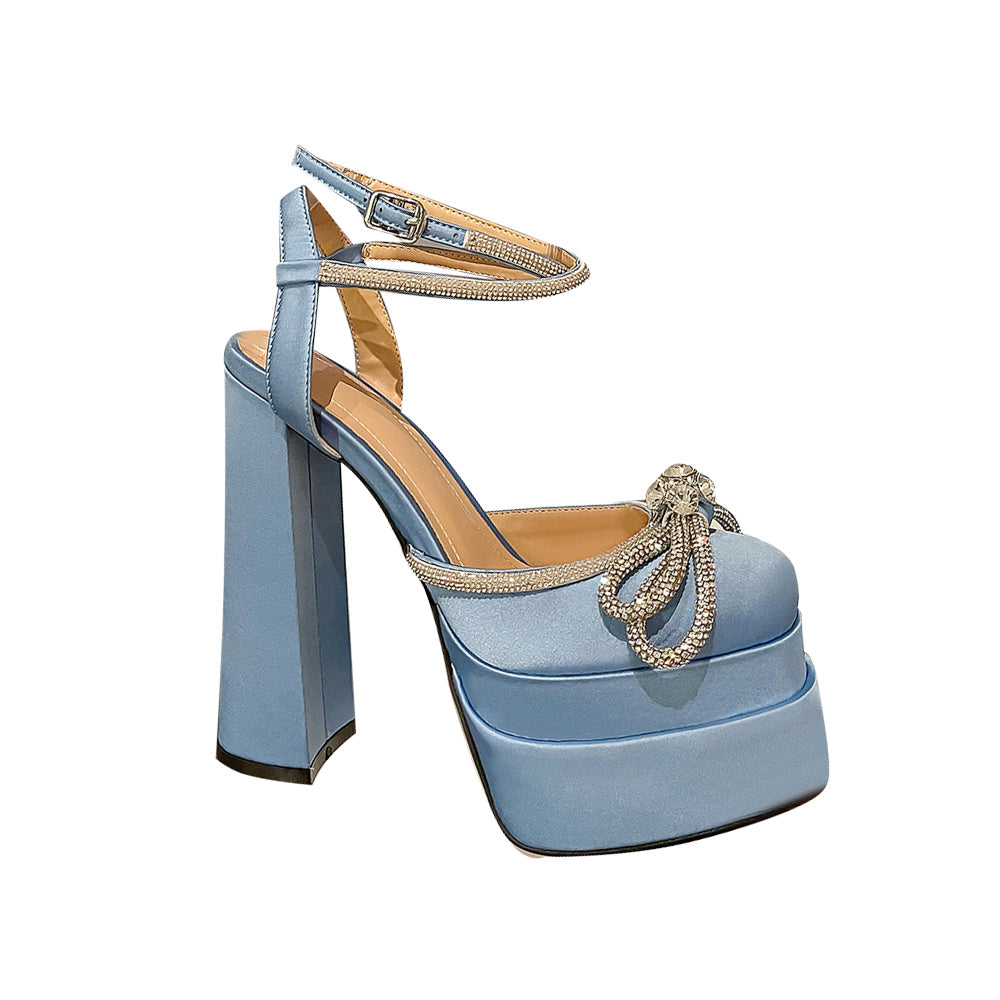 JOHIE Diamante Bow Block Heel Platform Sandals