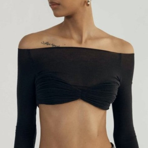 KECUA Off-Shoulder See-Through Cropped Top