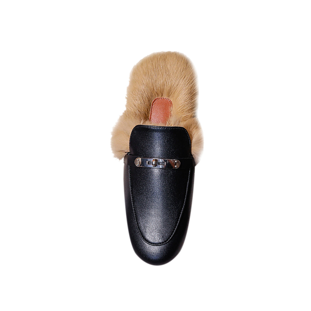 KERIC Buckled Leather And Fur Slides Slippers